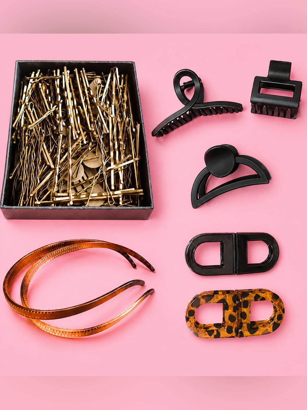 Assorted Hair Clips, Gold Bobby Pins, Brown Barrettes, and Brown Headbands